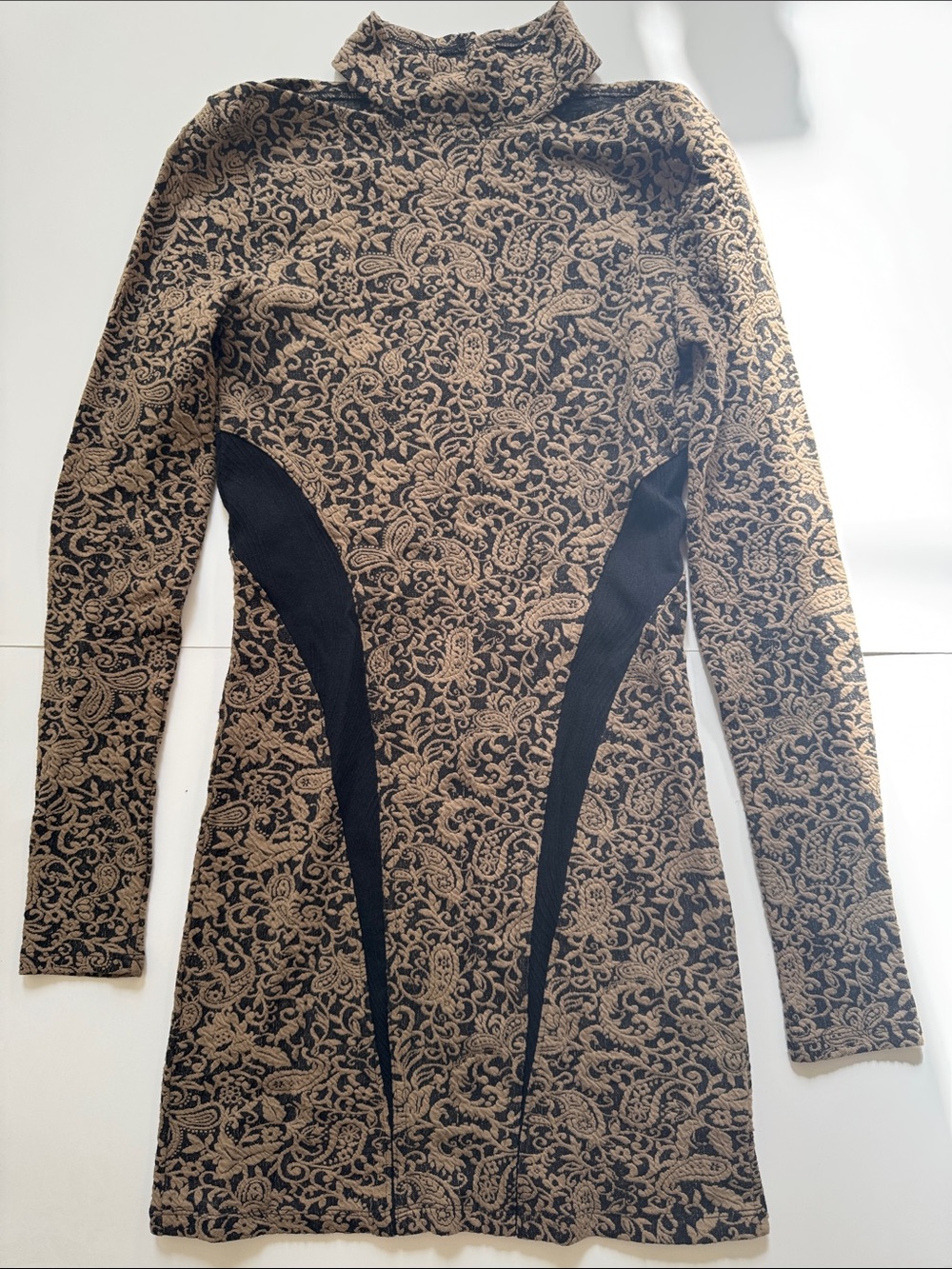 Free People Beige Paisley Turtleneck Long Sleeve Dress with Black Panels-